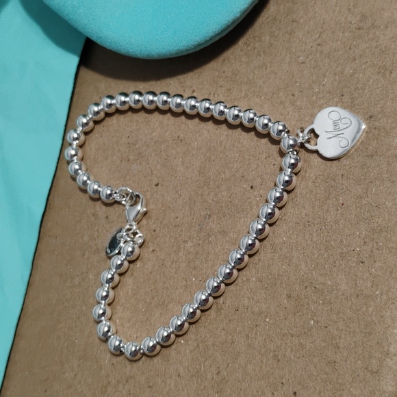 SALE! Auth Tiffany & Co. Sterling Silver 925 Beaded Heart Charm BraceleT - Picture 2 of 12